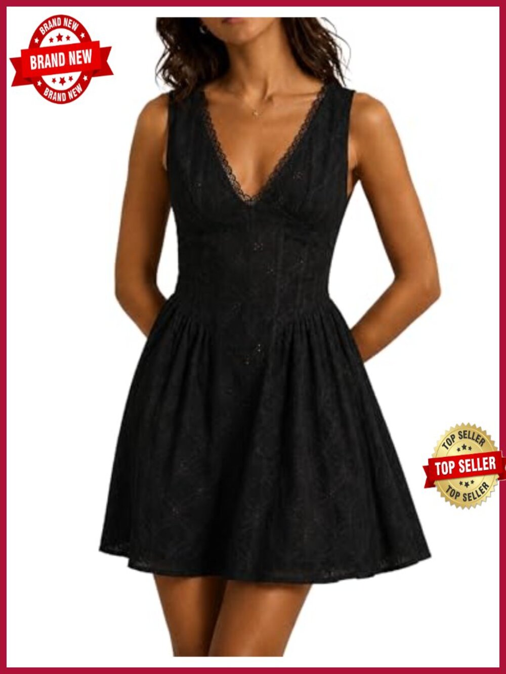 Eyelet Lace Mini Dress V-Neck Ruffle Hem Flowy Boho Summer Party
